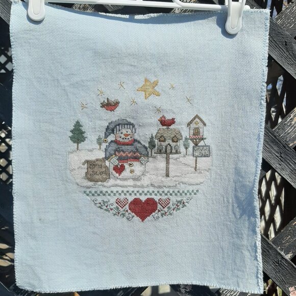 Vintage Finished Cross Stitch "Snowman Bird Houses" Picture 14 1/2" x 13" - Picture 1 of 5